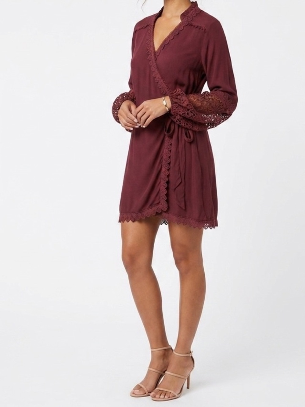 Ayesha Somaya Maroon Crochet Lace Trim Faux Wrap Tunic Mini Dress L